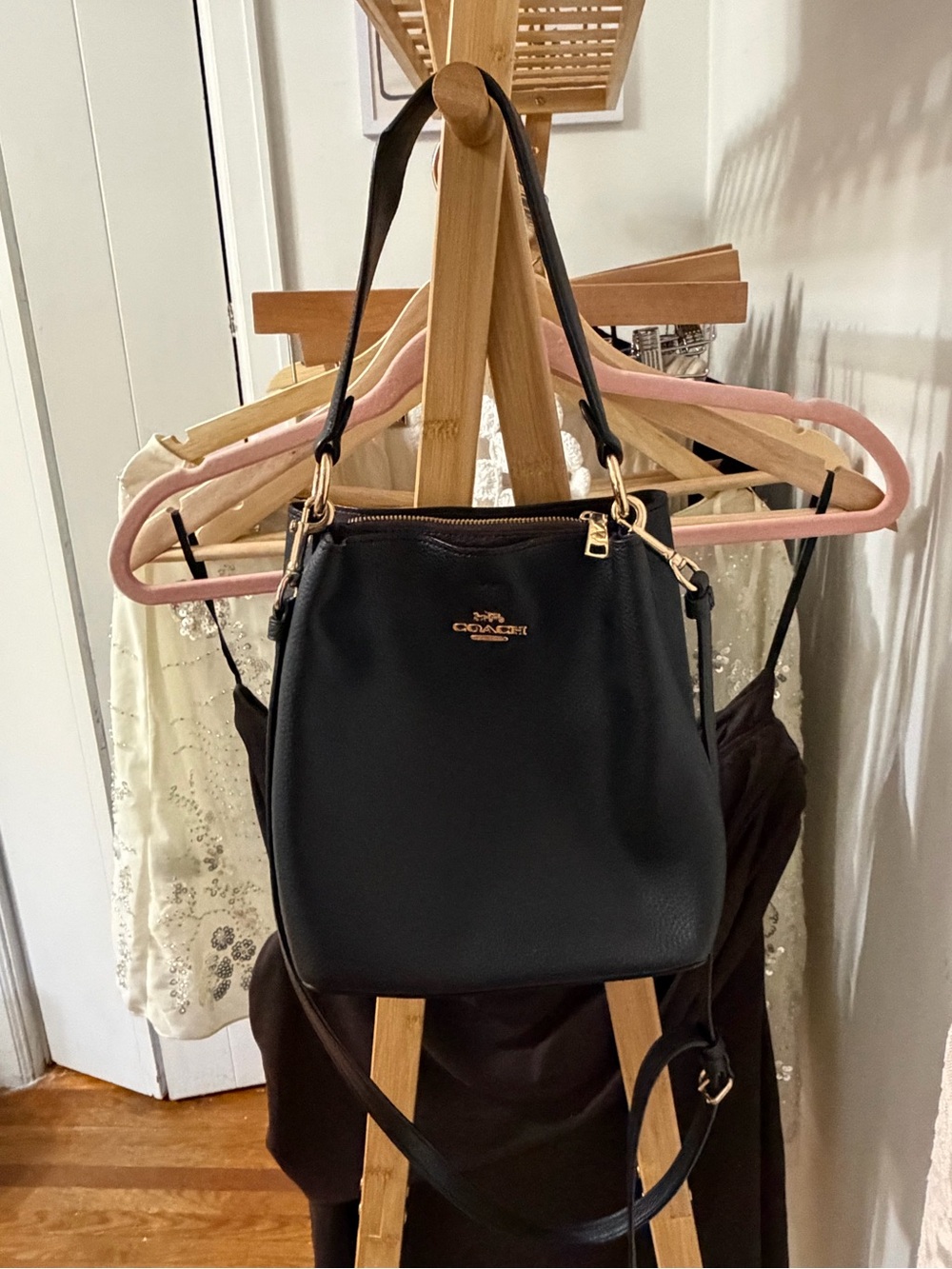 Coach Black Pebble Leather Shoulder Bucket Bag with Gold Hardware
